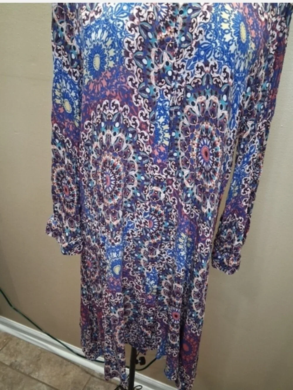Cupio High Low Paisley Dress Large L Roll-Tab Convertible Sleeve Blue Red Boho - Picture 9 of 11